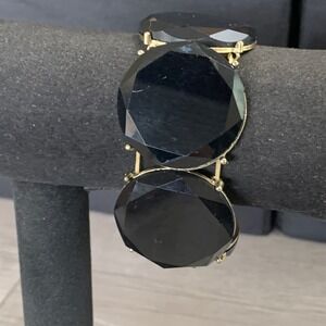 Chunky Black Faceted Stone Gold Tone Stretch Statement Bracelet 5096